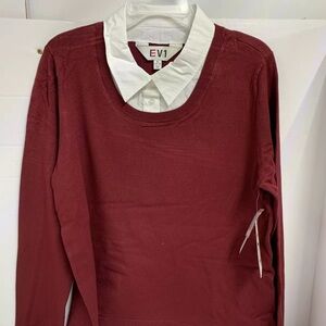 EV1 Two-fer Sweater, Collar Shirt Built In Sweater Combo, XL(16-18) Burgundy New